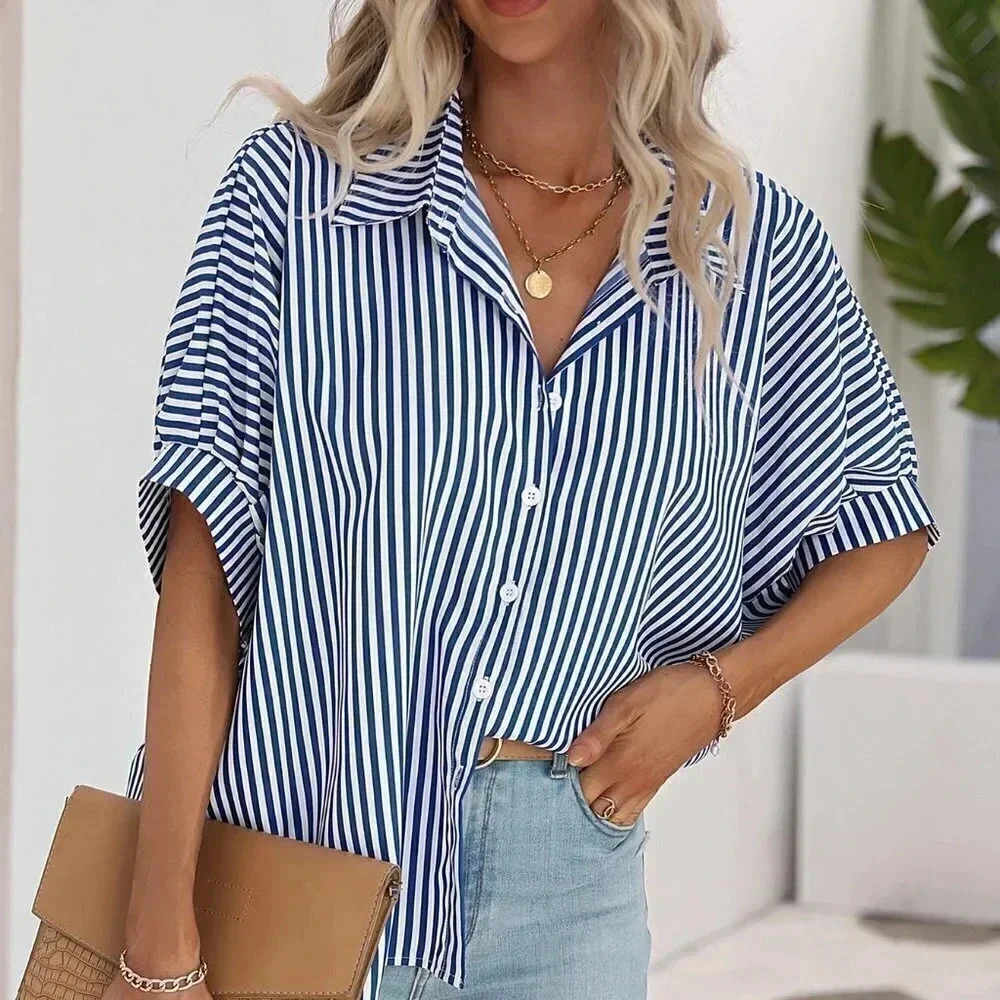 Blue & White Casual Womens Striped Print Batwing Sleeve Shirt - Picture 5 of 5
